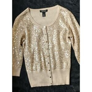 Women Gold Sequined Metallic Sweater Cardigan Shirt Holiday Cocktail Small